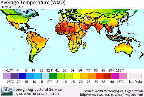 World Average Temperature (WMO) Thematic Map For 5/4/2020 - 5/10/2020