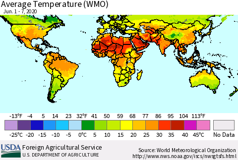 World Average Temperature (WMO) Thematic Map For 6/1/2020 - 6/7/2020