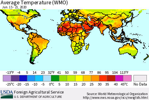 World Average Temperature (WMO) Thematic Map For 6/15/2020 - 6/21/2020