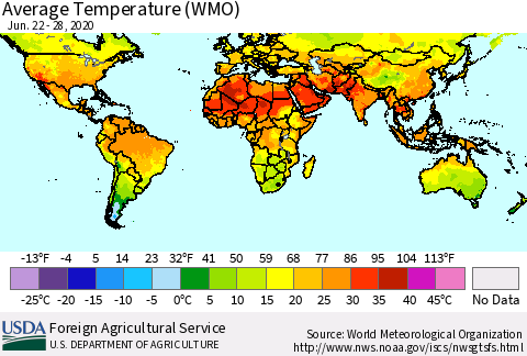 World Average Temperature (WMO) Thematic Map For 6/22/2020 - 6/28/2020