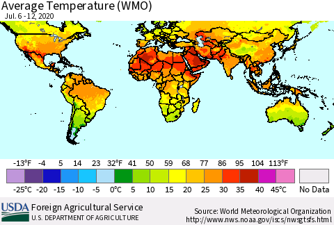 World Average Temperature (WMO) Thematic Map For 7/6/2020 - 7/12/2020