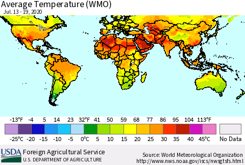 World Average Temperature (WMO) Thematic Map For 7/13/2020 - 7/19/2020