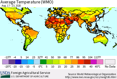 World Average Temperature (WMO) Thematic Map For 8/17/2020 - 8/23/2020