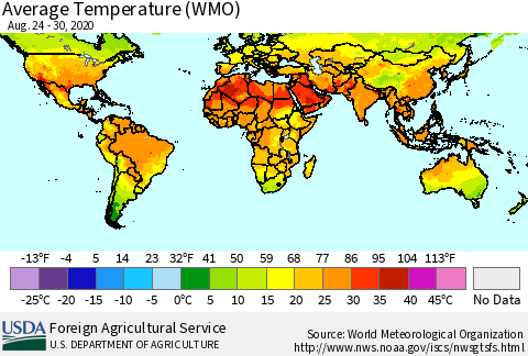 World Average Temperature (WMO) Thematic Map For 8/24/2020 - 8/30/2020