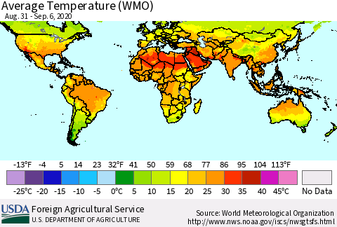 World Average Temperature (WMO) Thematic Map For 8/31/2020 - 9/6/2020