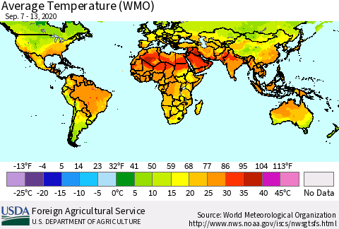 World Average Temperature (WMO) Thematic Map For 9/7/2020 - 9/13/2020