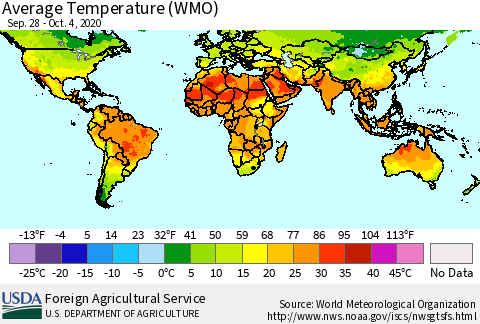 World Average Temperature (WMO) Thematic Map For 9/28/2020 - 10/4/2020