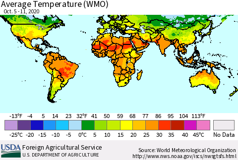 World Average Temperature (WMO) Thematic Map For 10/5/2020 - 10/11/2020