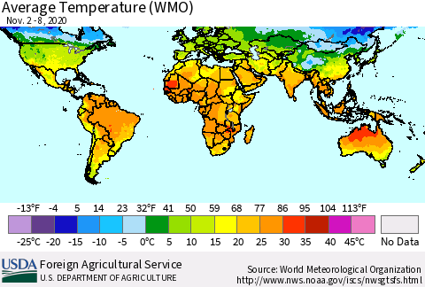 World Average Temperature (WMO) Thematic Map For 11/2/2020 - 11/8/2020