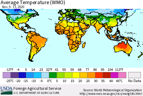World Average Temperature (WMO) Thematic Map For 11/9/2020 - 11/15/2020