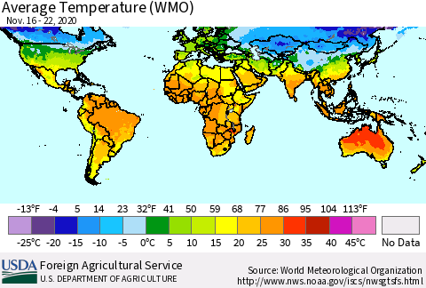 World Average Temperature (WMO) Thematic Map For 11/16/2020 - 11/22/2020