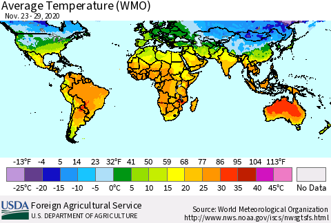 World Average Temperature (WMO) Thematic Map For 11/23/2020 - 11/29/2020