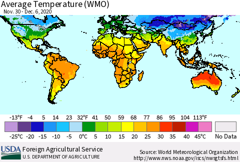 World Average Temperature (WMO) Thematic Map For 11/30/2020 - 12/6/2020