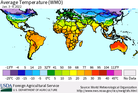 World Average Temperature (WMO) Thematic Map For 1/3/2022 - 1/9/2022