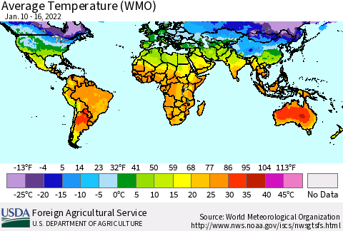 World Average Temperature (WMO) Thematic Map For 1/10/2022 - 1/16/2022