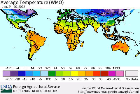 World Average Temperature (WMO) Thematic Map For 1/24/2022 - 1/30/2022