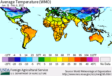 World Average Temperature (WMO) Thematic Map For 1/31/2022 - 2/6/2022