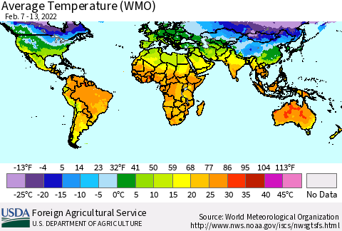 World Average Temperature (WMO) Thematic Map For 2/7/2022 - 2/13/2022