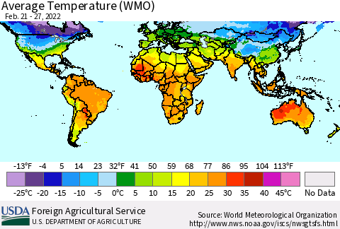 World Average Temperature (WMO) Thematic Map For 2/21/2022 - 2/27/2022