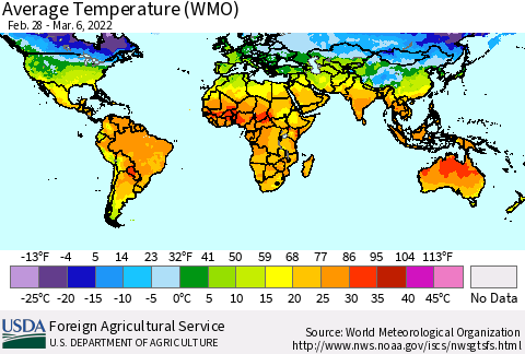 World Average Temperature (WMO) Thematic Map For 2/28/2022 - 3/6/2022
