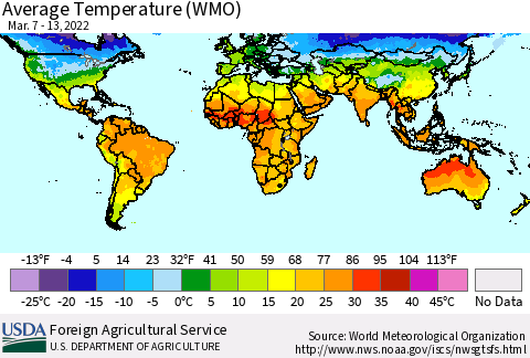 World Average Temperature (WMO) Thematic Map For 3/7/2022 - 3/13/2022