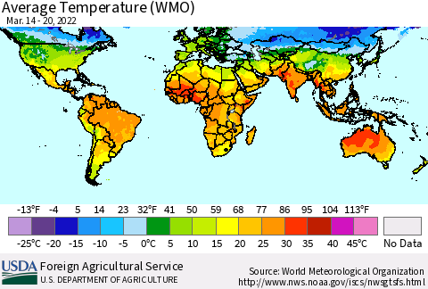 World Average Temperature (WMO) Thematic Map For 3/14/2022 - 3/20/2022