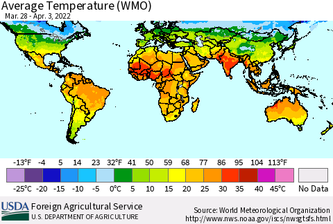 World Average Temperature (WMO) Thematic Map For 3/28/2022 - 4/3/2022