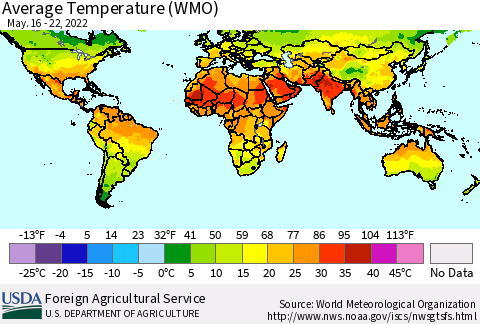 World Average Temperature (WMO) Thematic Map For 5/16/2022 - 5/22/2022