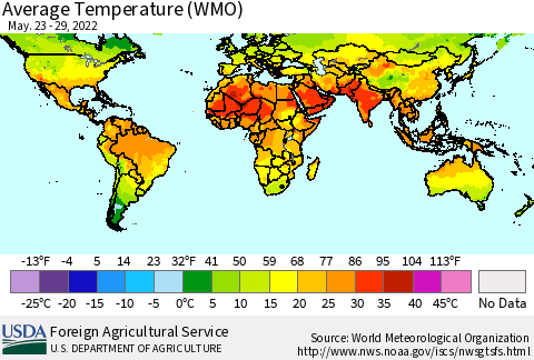 World Average Temperature (WMO) Thematic Map For 5/23/2022 - 5/29/2022