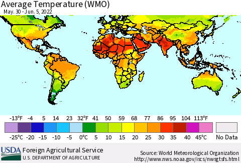World Average Temperature (WMO) Thematic Map For 5/30/2022 - 6/5/2022