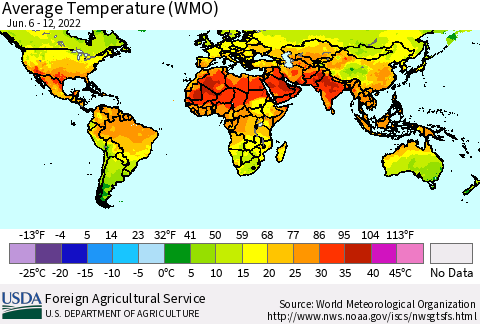 World Average Temperature (WMO) Thematic Map For 6/6/2022 - 6/12/2022
