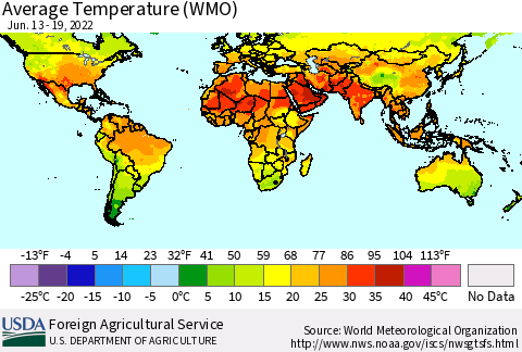 World Average Temperature (WMO) Thematic Map For 6/13/2022 - 6/19/2022