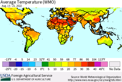 World Average Temperature (WMO) Thematic Map For 8/15/2022 - 8/21/2022