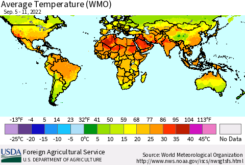 World Average Temperature (WMO) Thematic Map For 9/5/2022 - 9/11/2022