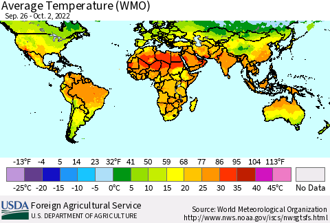 World Average Temperature (WMO) Thematic Map For 9/26/2022 - 10/2/2022