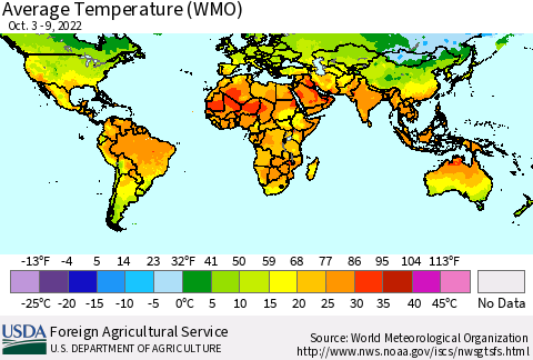 World Average Temperature (WMO) Thematic Map For 10/3/2022 - 10/9/2022