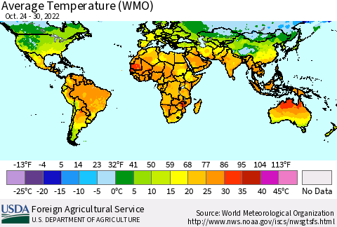 World Average Temperature (WMO) Thematic Map For 10/24/2022 - 10/30/2022