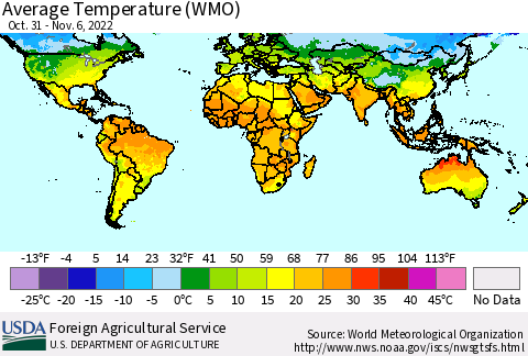 World Average Temperature (WMO) Thematic Map For 10/31/2022 - 11/6/2022