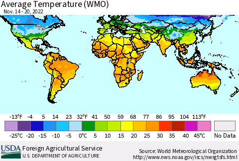 World Average Temperature (WMO) Thematic Map For 11/14/2022 - 11/20/2022