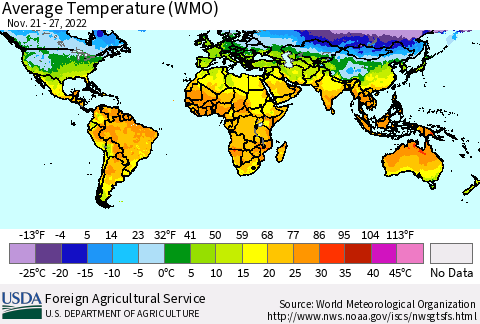 World Average Temperature (WMO) Thematic Map For 11/21/2022 - 11/27/2022