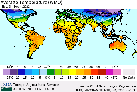 World Average Temperature (WMO) Thematic Map For 11/28/2022 - 12/4/2022