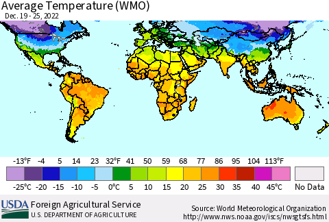 World Average Temperature (WMO) Thematic Map For 12/19/2022 - 12/25/2022