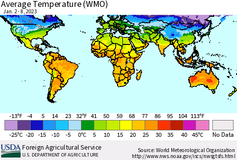World Average Temperature (WMO) Thematic Map For 1/2/2023 - 1/8/2023