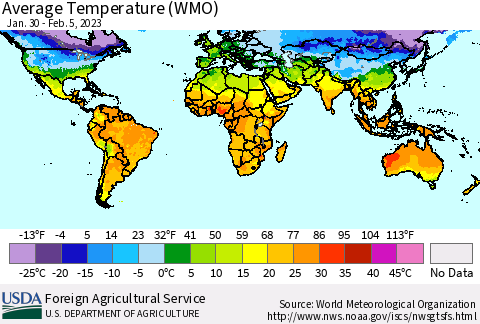 World Average Temperature (WMO) Thematic Map For 1/30/2023 - 2/5/2023