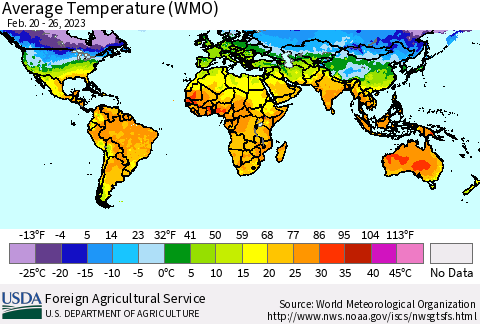 World Average Temperature (WMO) Thematic Map For 2/20/2023 - 2/26/2023