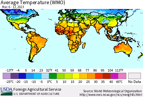 World Average Temperature (WMO) Thematic Map For 3/6/2023 - 3/12/2023