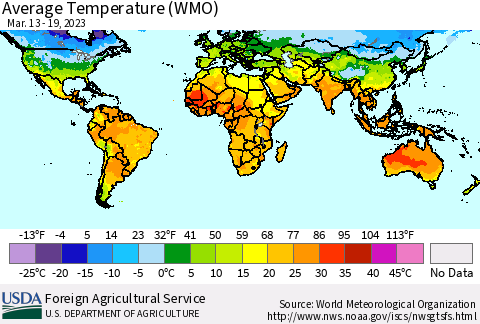 World Average Temperature (WMO) Thematic Map For 3/13/2023 - 3/19/2023