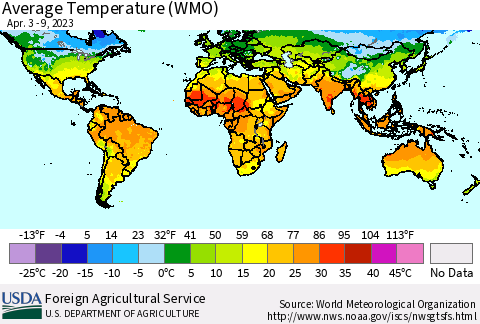 World Average Temperature (WMO) Thematic Map For 4/3/2023 - 4/9/2023