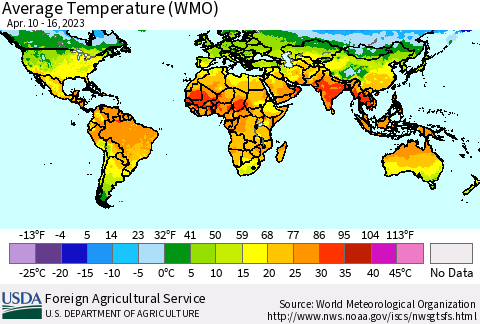 World Average Temperature (WMO) Thematic Map For 4/10/2023 - 4/16/2023
