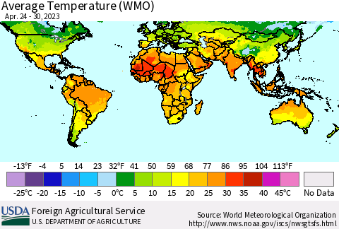 World Average Temperature (WMO) Thematic Map For 4/24/2023 - 4/30/2023